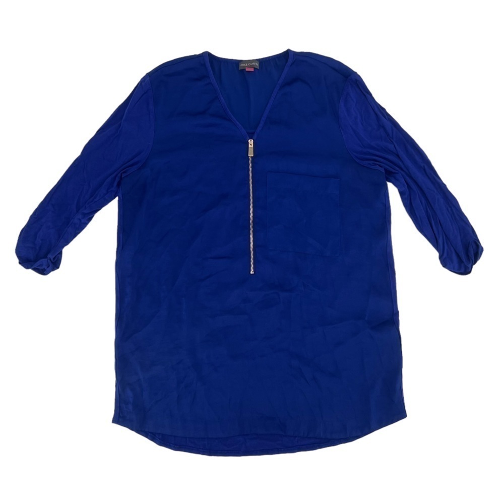 Vince Camuto Blue 3/4 Sleeve Front Zipper V-Neck Blouse Size Small Women's